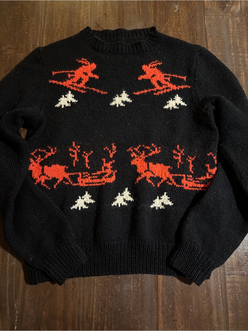 VTG UniSex Black Knit Ski Sweater with Red Reindeer & White Accents
